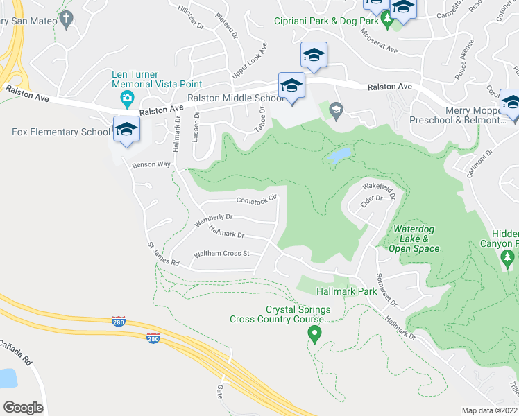 map of restaurants, bars, coffee shops, grocery stores, and more near 2713 Comstock Circle in Belmont