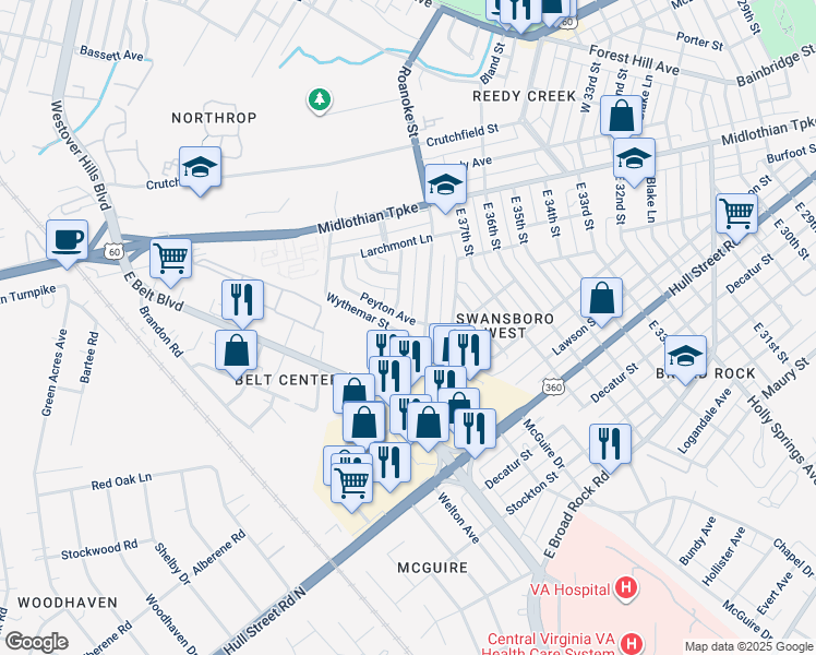 map of restaurants, bars, coffee shops, grocery stores, and more near 3804 Peyton Avenue in Richmond