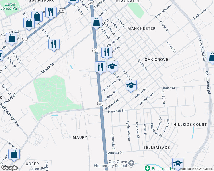 map of restaurants, bars, coffee shops, grocery stores, and more near 2311 Gordon Avenue in Richmond