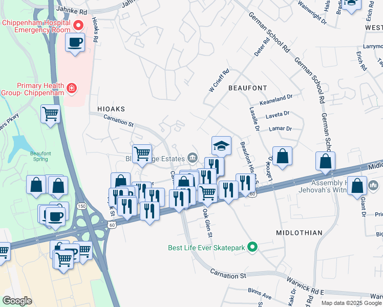 map of restaurants, bars, coffee shops, grocery stores, and more near 6507 Sugar Maple Drive in Richmond