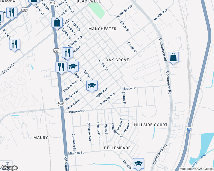 map of restaurants, bars, coffee shops, grocery stores, and more near 1823 Joplin Avenue in Richmond