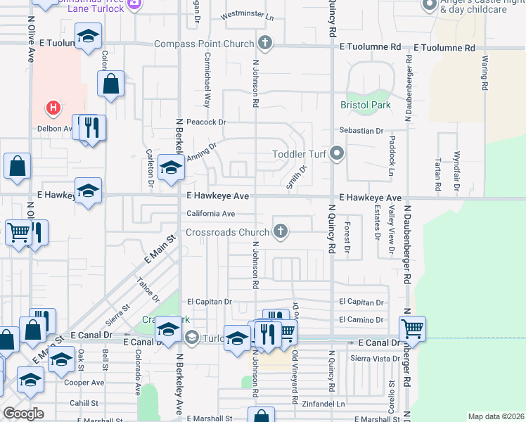 map of restaurants, bars, coffee shops, grocery stores, and more near 1430 Karen Way in Turlock