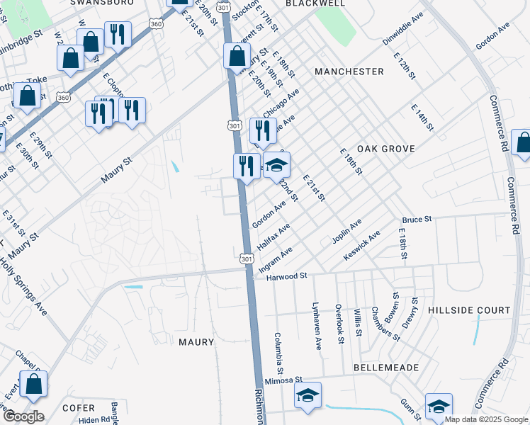 map of restaurants, bars, coffee shops, grocery stores, and more near 2309 Gordon Avenue in Richmond