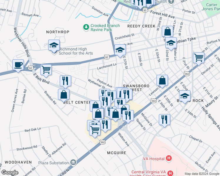 map of restaurants, bars, coffee shops, grocery stores, and more near 3804 Peyton Avenue in Richmond