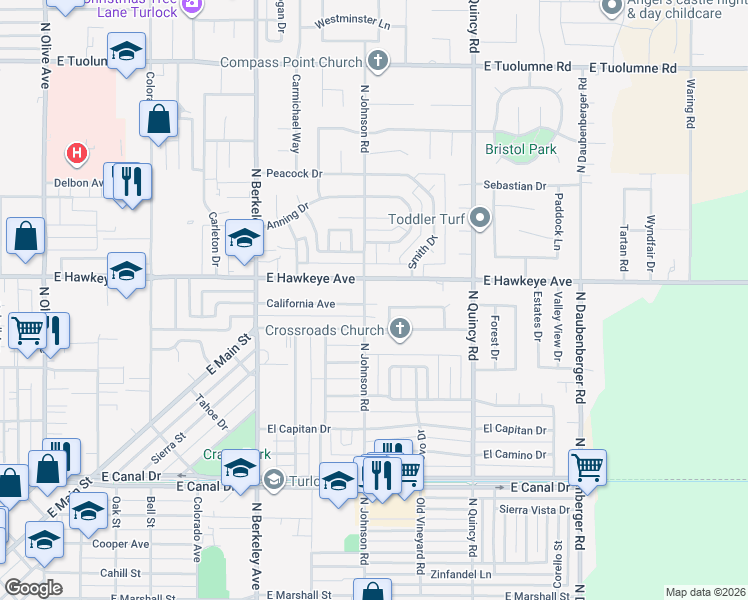map of restaurants, bars, coffee shops, grocery stores, and more near 1430 Karen Way in Turlock