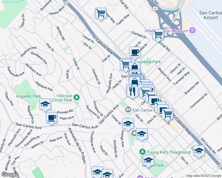 map of restaurants, bars, coffee shops, grocery stores, and more near 1421 Magnolia Avenue in San Carlos