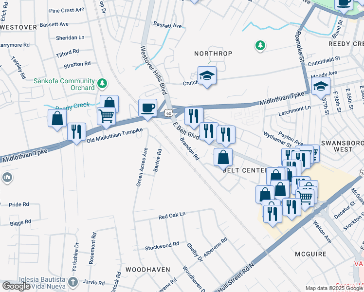 map of restaurants, bars, coffee shops, grocery stores, and more near 124 Brandon Road in Richmond