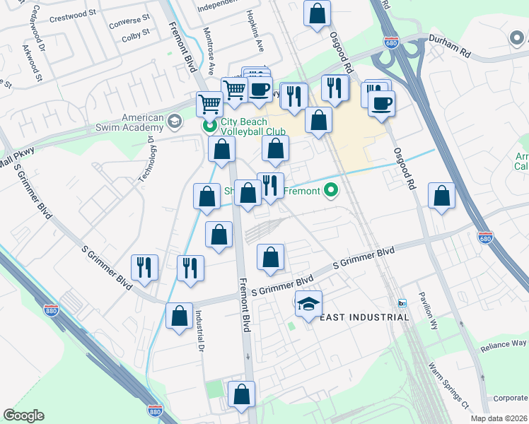 map of restaurants, bars, coffee shops, grocery stores, and more near 44280 Fremont Boulevard in Fremont