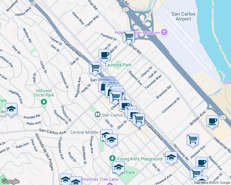 map of restaurants, bars, coffee shops, grocery stores, and more near 637a Laurel Street in San Carlos