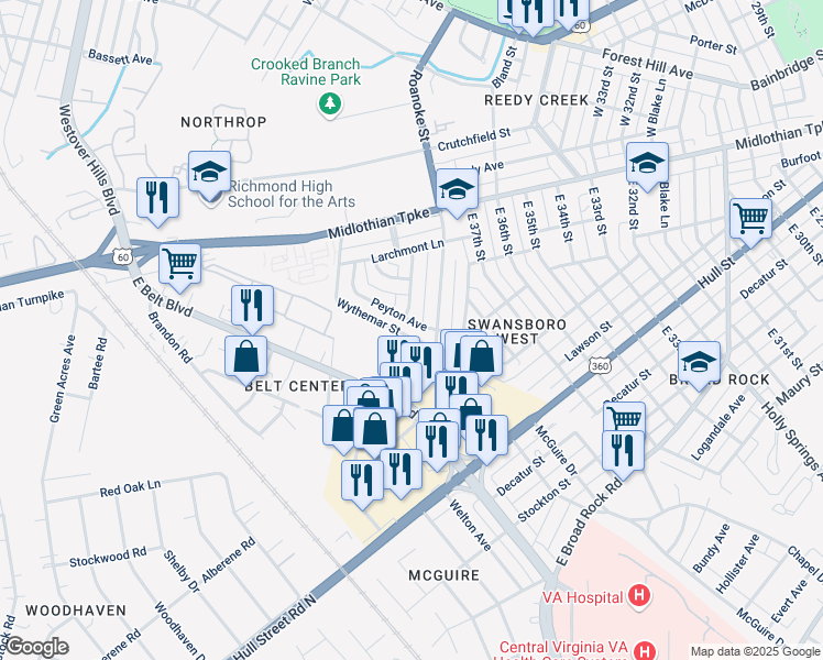 map of restaurants, bars, coffee shops, grocery stores, and more near 3808 Peyton Avenue in Richmond
