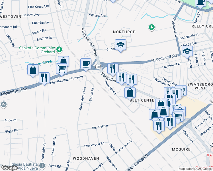 map of restaurants, bars, coffee shops, grocery stores, and more near 124 Brandon Road in Richmond