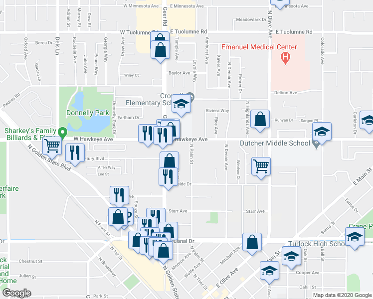 map of restaurants, bars, coffee shops, grocery stores, and more near 1400 Geer Road in Turlock