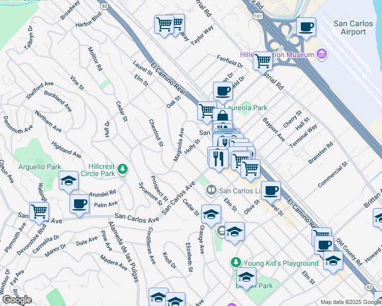 map of restaurants, bars, coffee shops, grocery stores, and more near 553 Elm Street in San Carlos