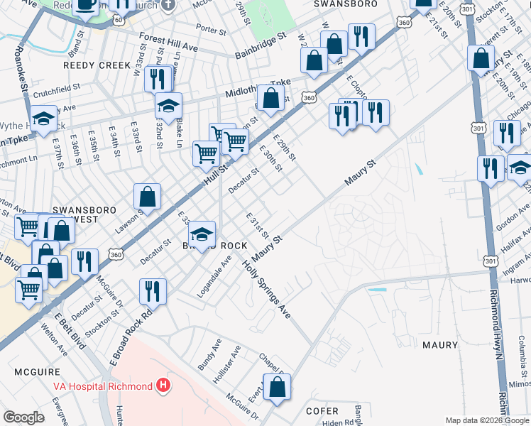 map of restaurants, bars, coffee shops, grocery stores, and more near 3077 Maury Street in Richmond