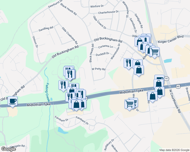 map of restaurants, bars, coffee shops, grocery stores, and more near 1021 Warminster Drive in Midlothian