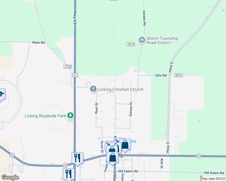map of restaurants, bars, coffee shops, grocery stores, and more near 236 North Main Street in Licking