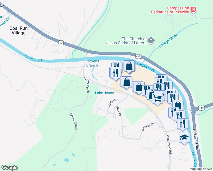 map of restaurants, bars, coffee shops, grocery stores, and more near 301-315 Thompson Road in Pikeville
