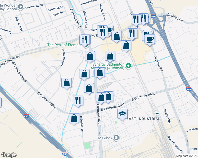 map of restaurants, bars, coffee shops, grocery stores, and more near 44238 Fremont Boulevard in Fremont