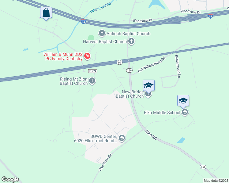 map of restaurants, bars, coffee shops, grocery stores, and more near 3936 Senior Lane in Sandston