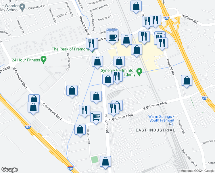 map of restaurants, bars, coffee shops, grocery stores, and more near 44238 Fremont Boulevard in Fremont