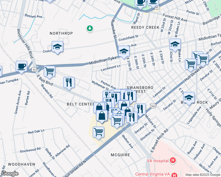 map of restaurants, bars, coffee shops, grocery stores, and more near 3810 Peyton Avenue in Richmond