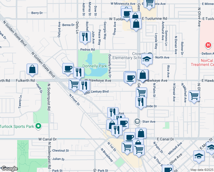 map of restaurants, bars, coffee shops, grocery stores, and more near 425 20th Century Boulevard in Turlock