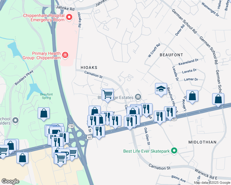 map of restaurants, bars, coffee shops, grocery stores, and more near 6711 Carnation Street in Richmond