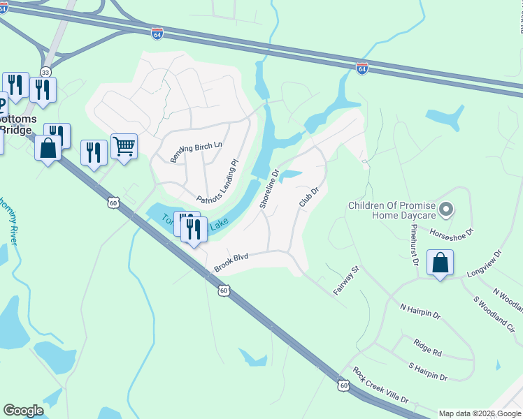 map of restaurants, bars, coffee shops, grocery stores, and more near 2899 Brianwood Court in Quinton
