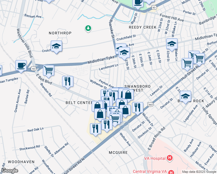 map of restaurants, bars, coffee shops, grocery stores, and more near 3810 Peyton Avenue in Richmond