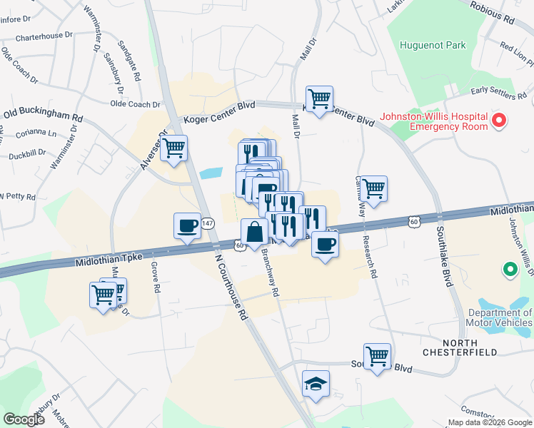 map of restaurants, bars, coffee shops, grocery stores, and more near 11500 Midlothian Turnpike in Richmond
