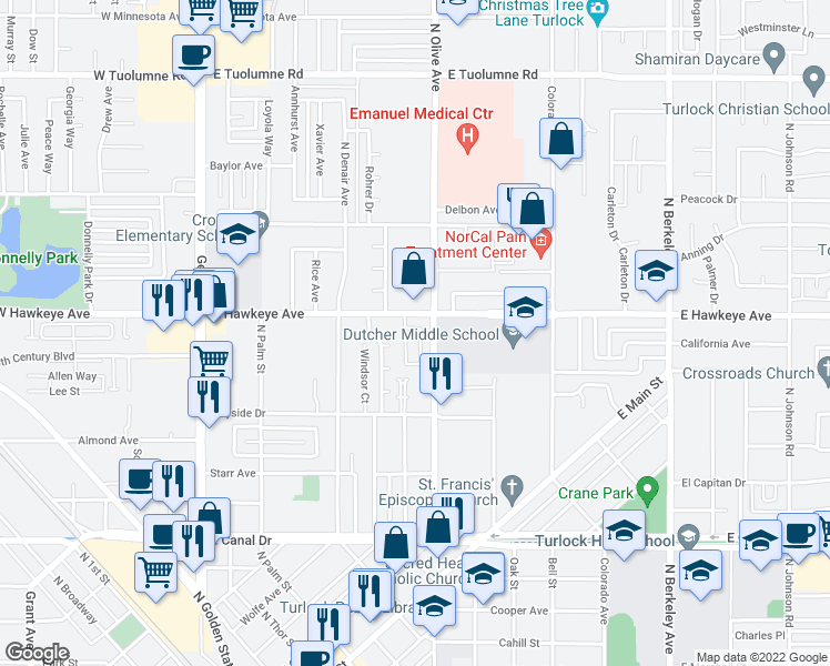 map of restaurants, bars, coffee shops, grocery stores, and more near 1565 Springville in Turlock