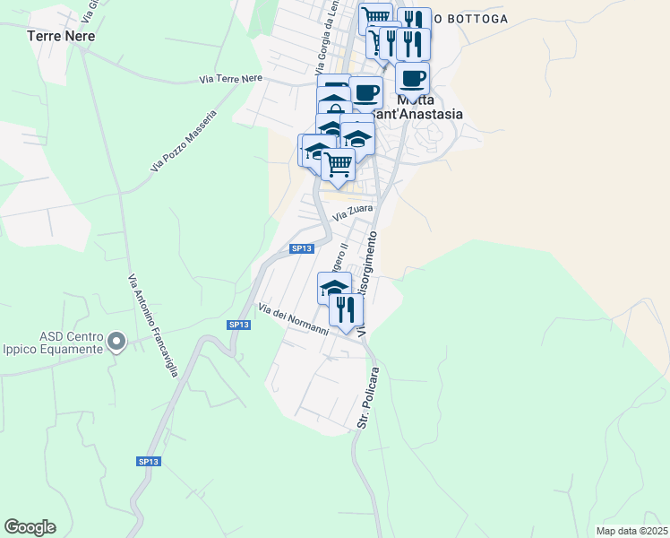 map of restaurants, bars, coffee shops, grocery stores, and more near Via Ruggero II in Motta Sant'Anastasia