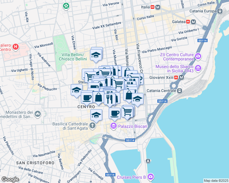 map of restaurants, bars, coffee shops, grocery stores, and more near 62 Via Don Luigi Sturzo in Catania