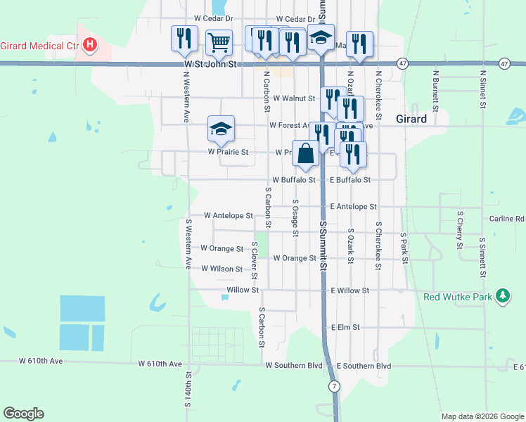 map of restaurants, bars, coffee shops, grocery stores, and more near 442-498 South Carbon Street in Girard
