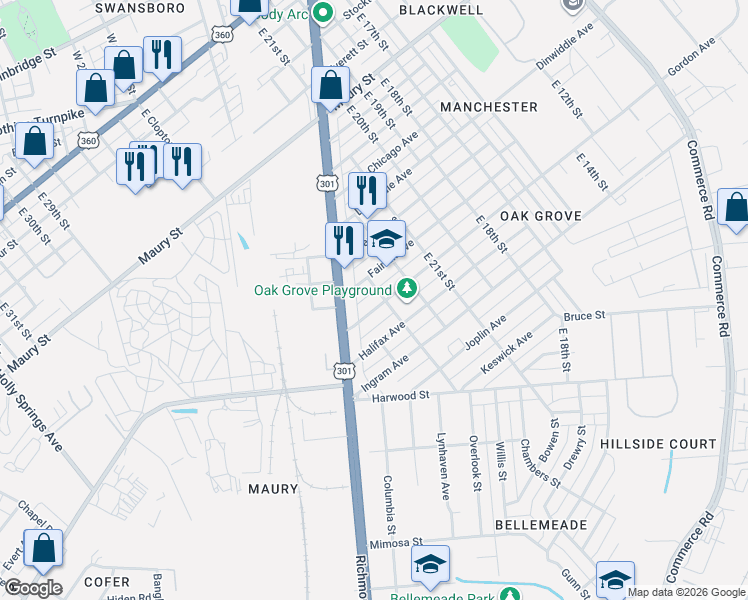 map of restaurants, bars, coffee shops, grocery stores, and more near 2319 Gordon Avenue in Richmond