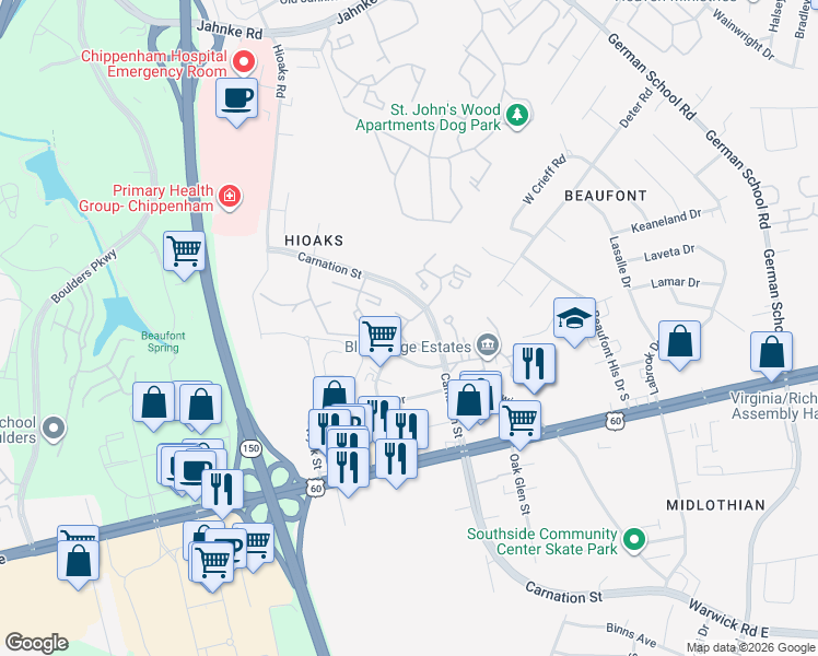map of restaurants, bars, coffee shops, grocery stores, and more near 6711 Carnation Street in Richmond