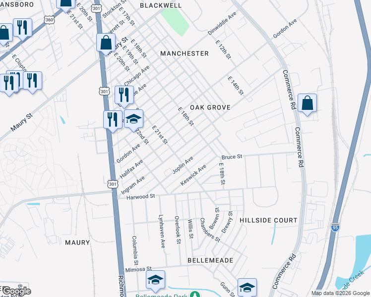 map of restaurants, bars, coffee shops, grocery stores, and more near 1834 Joplin Avenue in Richmond