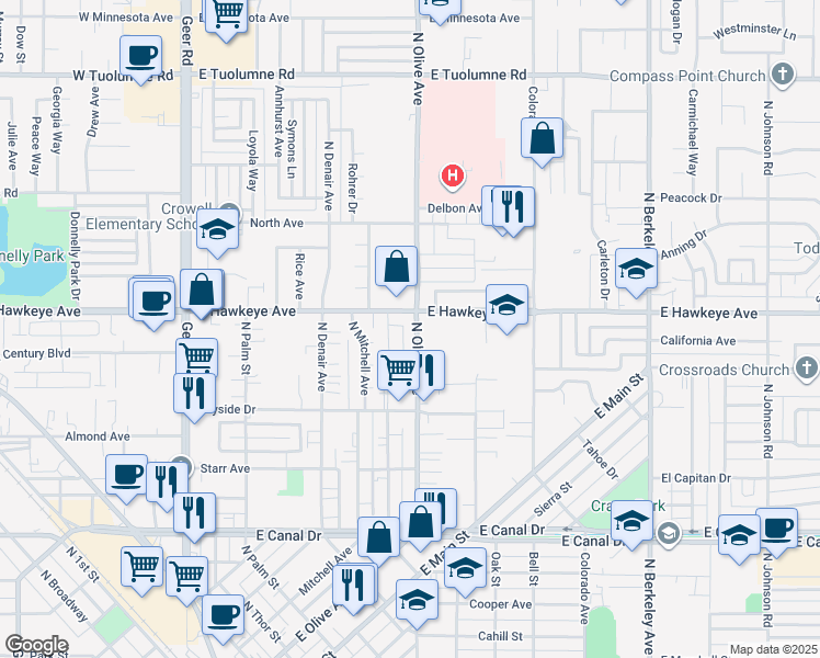 map of restaurants, bars, coffee shops, grocery stores, and more near 1570 Springville in Turlock