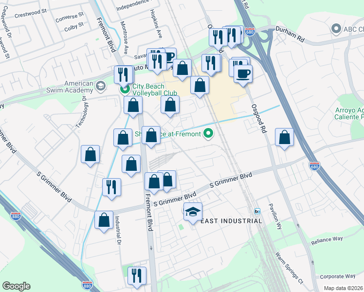 map of restaurants, bars, coffee shops, grocery stores, and more near 44467 Old Warm Springs Boulevard in Fremont