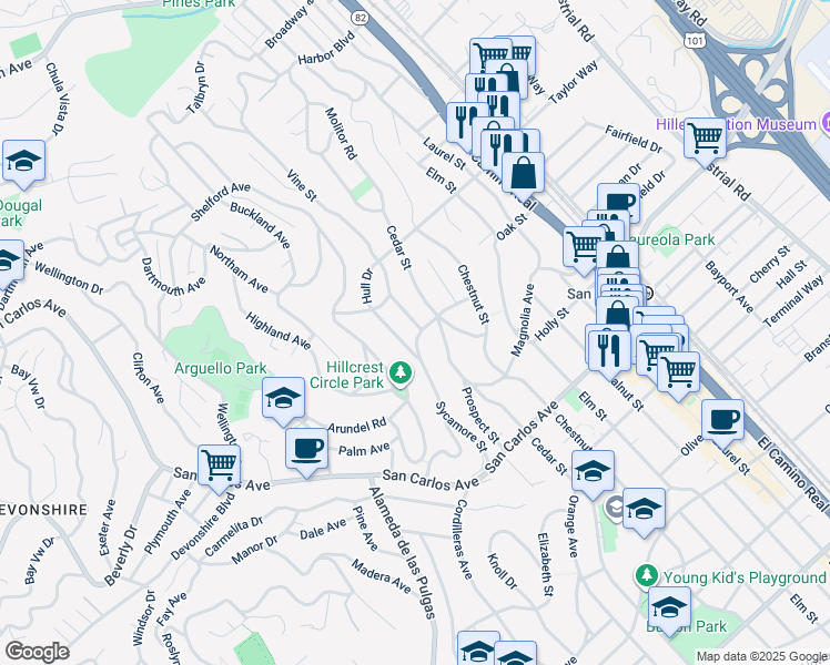 map of restaurants, bars, coffee shops, grocery stores, and more near 300 Manzanita Avenue in San Carlos