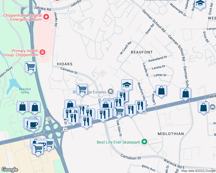 map of restaurants, bars, coffee shops, grocery stores, and more near 6507 Sugar Maple Drive in Richmond