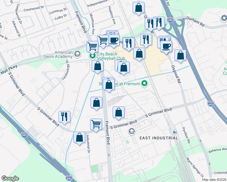 map of restaurants, bars, coffee shops, grocery stores, and more near 44280 Fremont Boulevard in Fremont