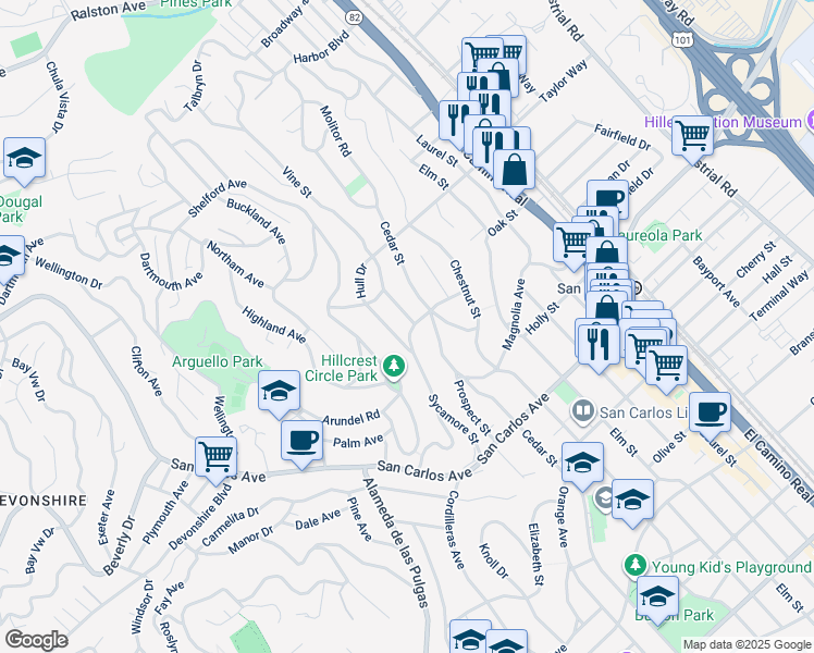 map of restaurants, bars, coffee shops, grocery stores, and more near 300 Manzanita Avenue in San Carlos