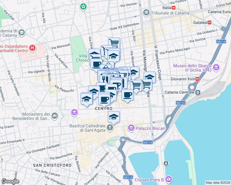 map of restaurants, bars, coffee shops, grocery stores, and more near 57 Corso Sicilia in Catania