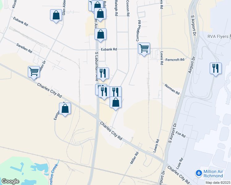map of restaurants, bars, coffee shops, grocery stores, and more near 5007 Nandun Road in Richmond