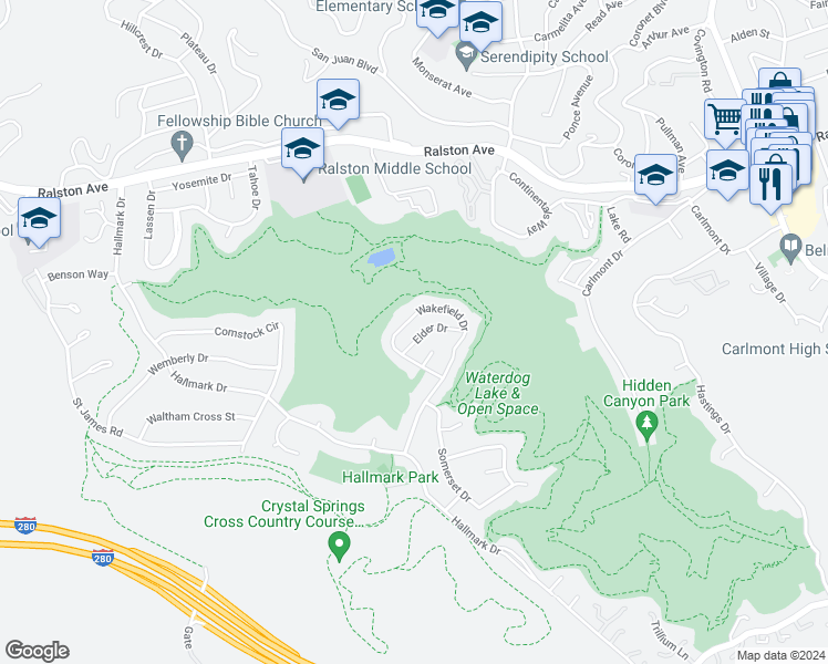 map of restaurants, bars, coffee shops, grocery stores, and more near 32 Elder Drive in Belmont