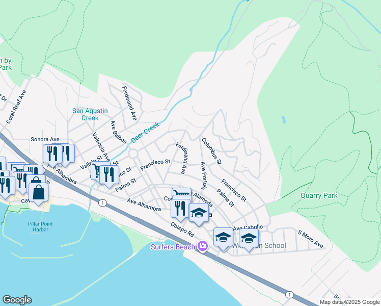 map of restaurants, bars, coffee shops, grocery stores, and more near 442 Ferdinand Avenue in El Granada
