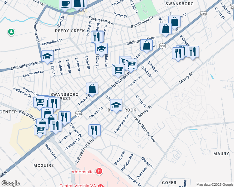 map of restaurants, bars, coffee shops, grocery stores, and more near 3161 Decatur Street in Richmond
