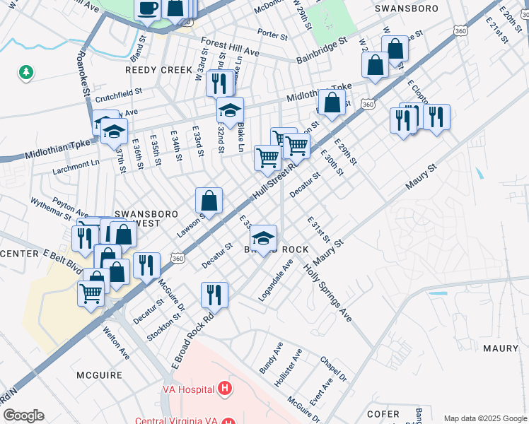 map of restaurants, bars, coffee shops, grocery stores, and more near 3161 Decatur Street in Richmond