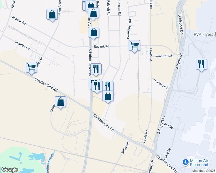 map of restaurants, bars, coffee shops, grocery stores, and more near 5007 Nandun Road in Richmond